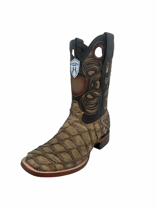 Wild West Men's Mocha Genuine Pirarucu Wide Square Toe Boot