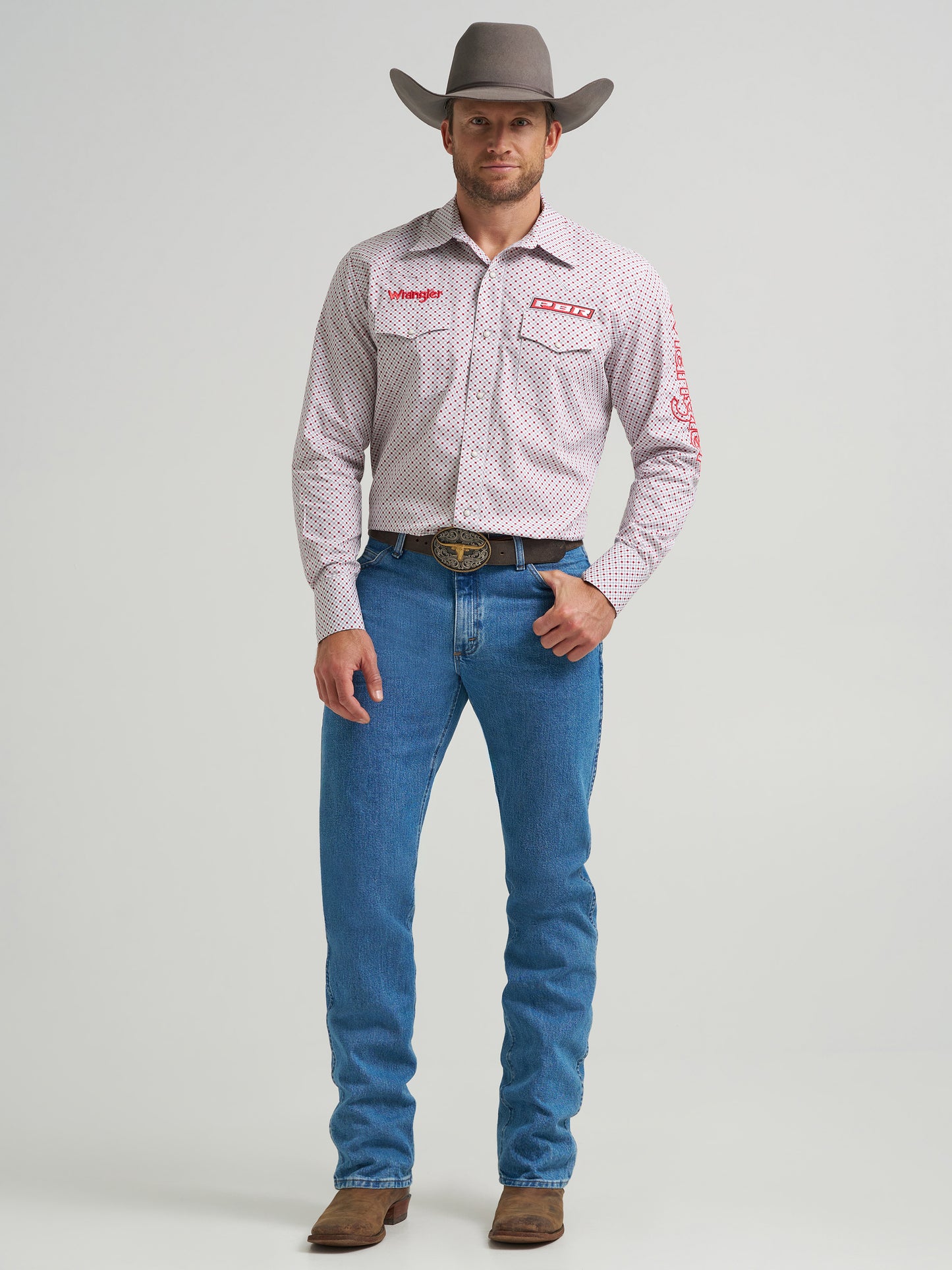 Wrangler Men's PBR Logo Long Sleeve Red Diamond Western Snap Shirt