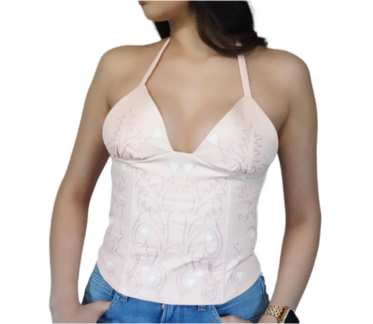 Women's Hartly Corset Top Halter Neck Button Back Lace Up - Pink
