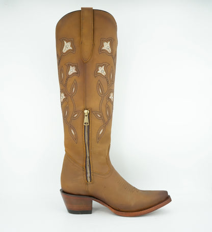 Quincy Women's Floral Tall Crazy Tan Snip Toe Boot