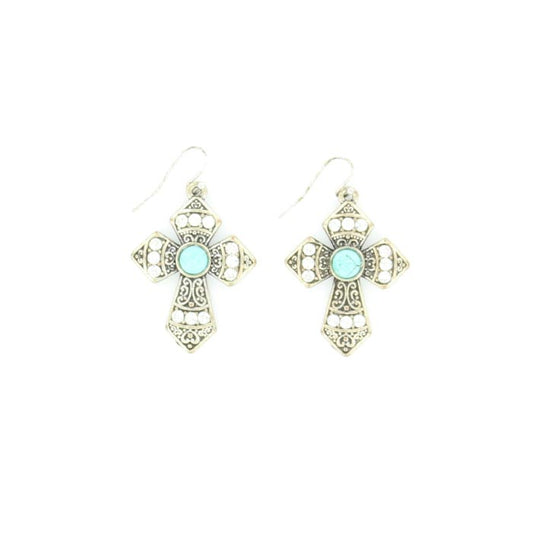 Blazin Roxx Turquoise Stone Silver Cross Earrings