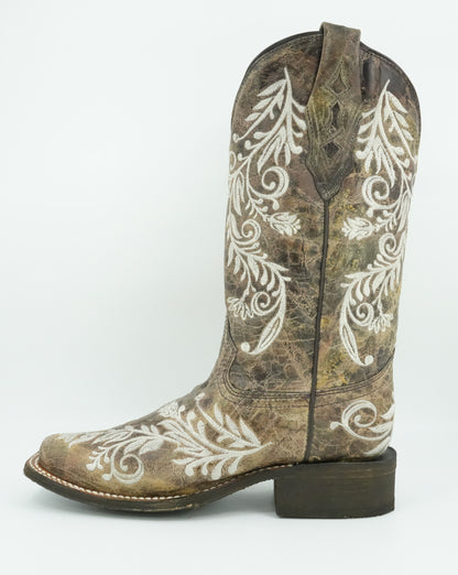 Corral Women’s Brown/White Embroidery Glow in the Dark Narrow Square Toe Boot