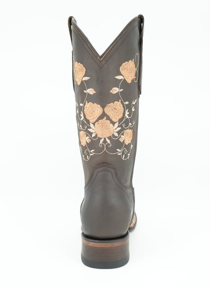 Vaquero Signature Women’s Brown Grasso Flowers Wide Square Toe Boot