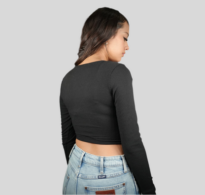 Blashe Ribbed Long Sleeve Crop Top - Black