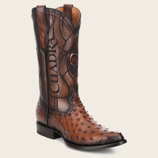 Cuadra Men's Engraved Brown Genuine Ostrich Leather Cowboy Boot