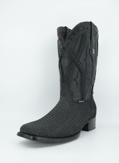 Rock'em Men's Petatillo Braided Leather Black Wide Square Toe Boot