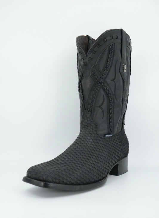 Rock'em Men's Petatillo Braided Leather Black Wide Square Toe Boot