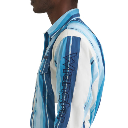Men's Wrangler Logo Long Sleeve Striped Shirt - Blue Clouds