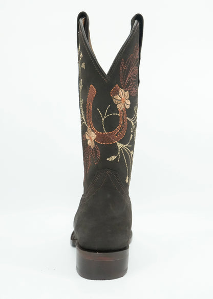 Centenario Women's Brown Embroidered Horseshoes Wide Square Toe Boot