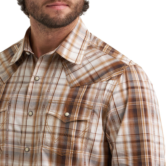 Wrangler Men's Retro Premium Long Sleeve Western Snap Plaid Shirt - Brown