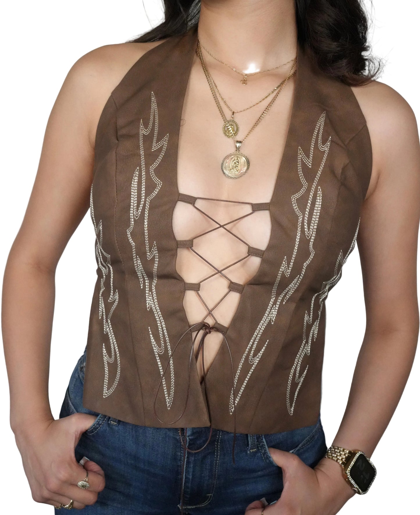 Women's Lather Embroidered Halter Western Corset Top - Brown
