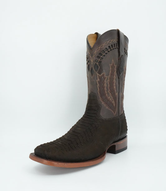 Hooch Men's Nobuck Chocolate Python Print Wide Square Toe Boot