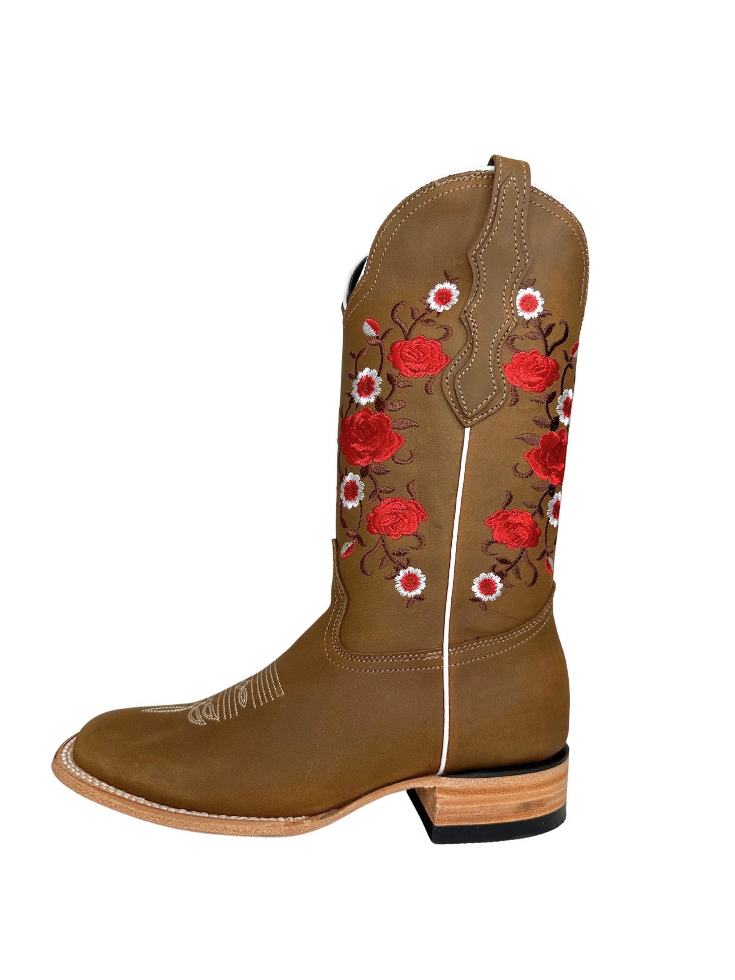 White Diamond Women's Red Floral Square Toe Leather Boot