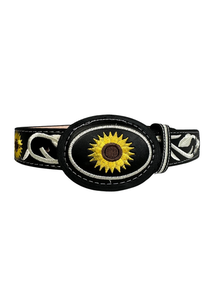 Girl's Black Sunflower Embroided Leather Belt