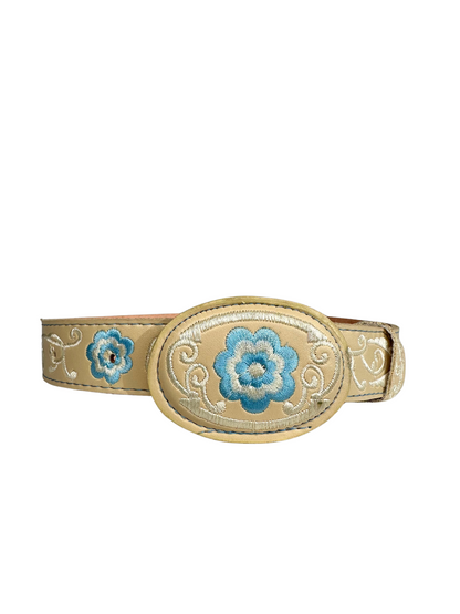 Girl's Blue Floral Embroided Leather Belt