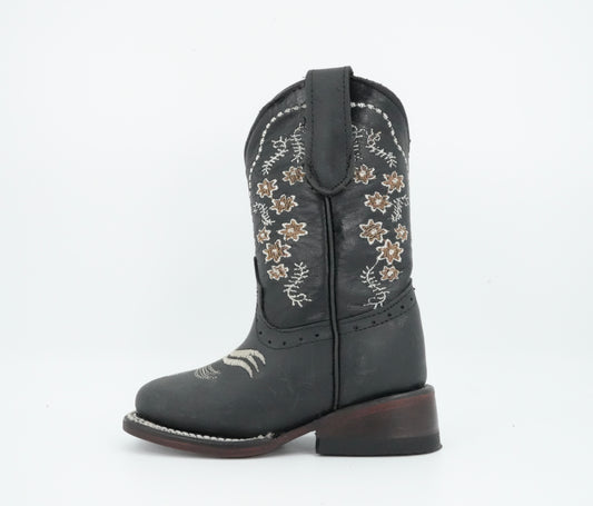 Quincy Kid’s Crazy Flower Embroidery Black Boot