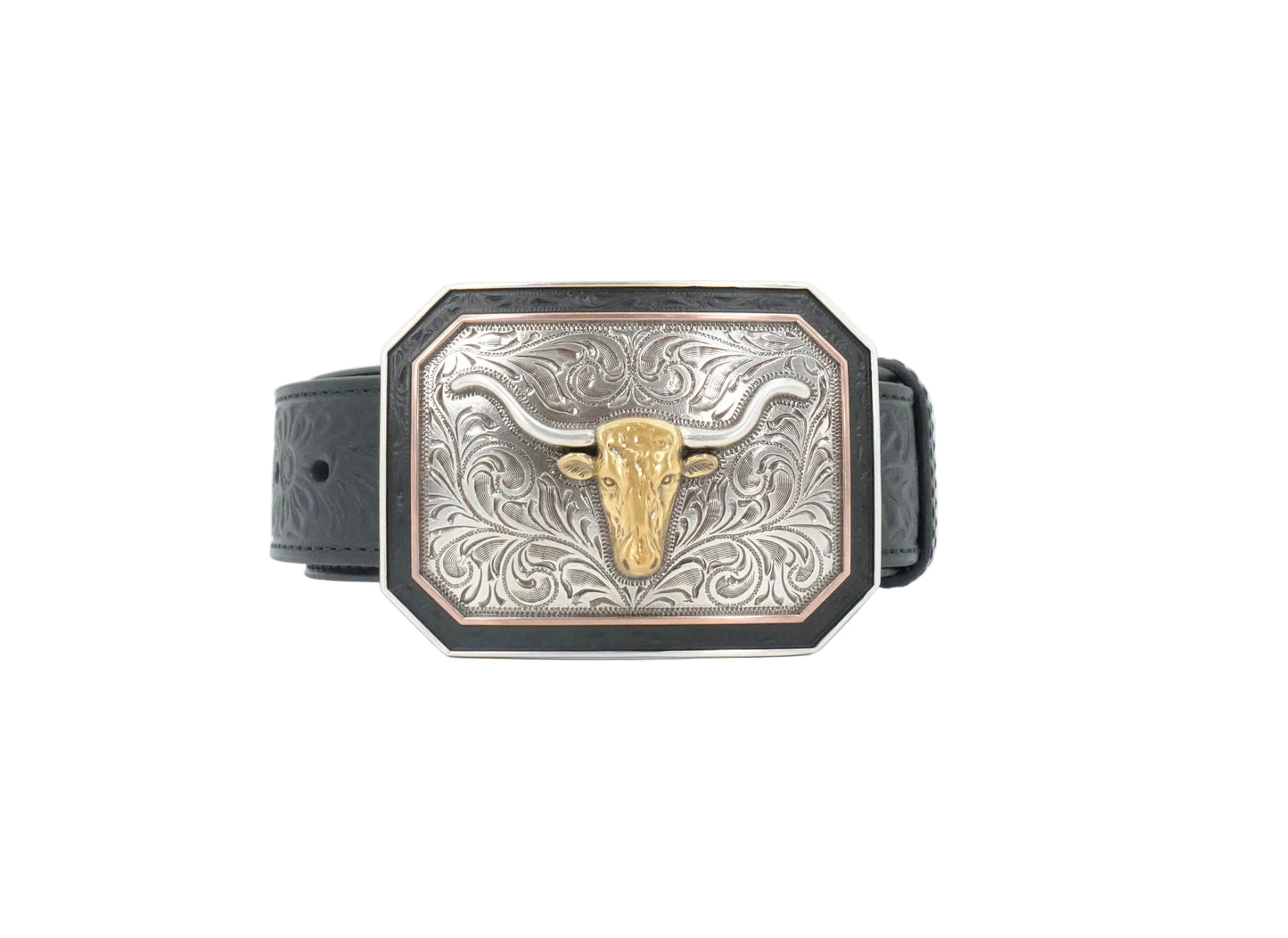 Ariat Men's Floral Embossed Belt Bull Buckle - Black