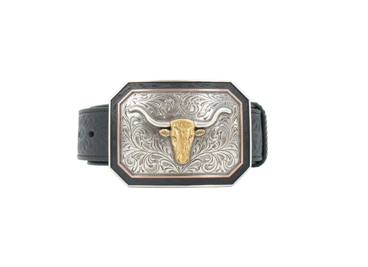 Ariat Men's Floral Embossed Belt Bull Buckle - Black