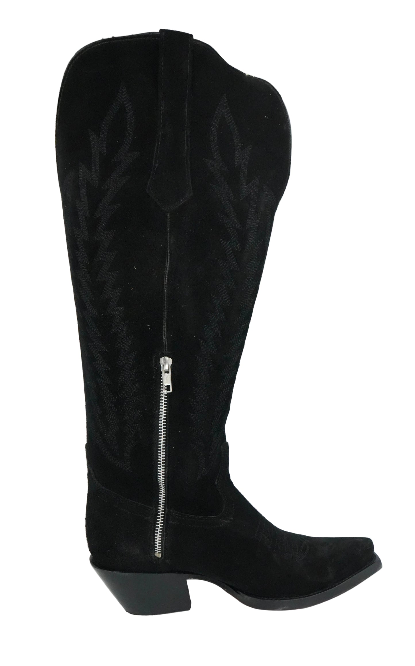 Rock'em Women's Gia Suede Tall Wide Calf Snip Toe Boot - Black Red Bottom