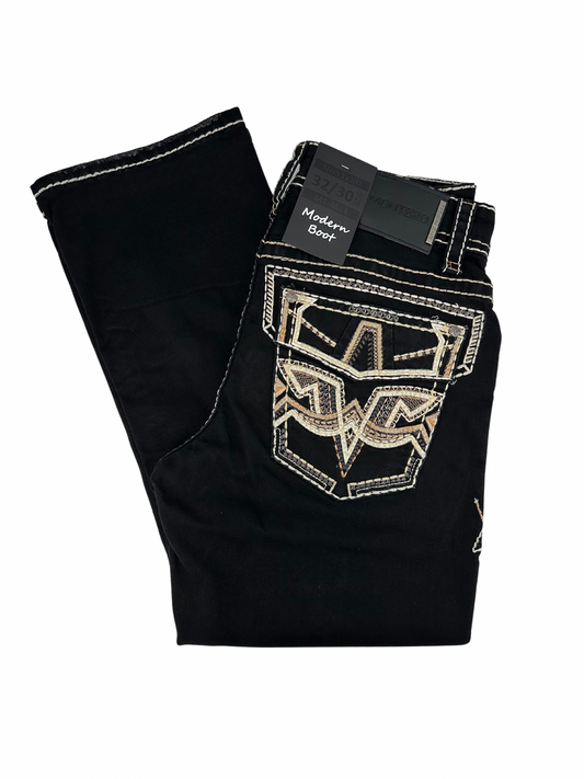 Montero Denim, T Pointed Stitched Pocket Black Modern Boot Jean