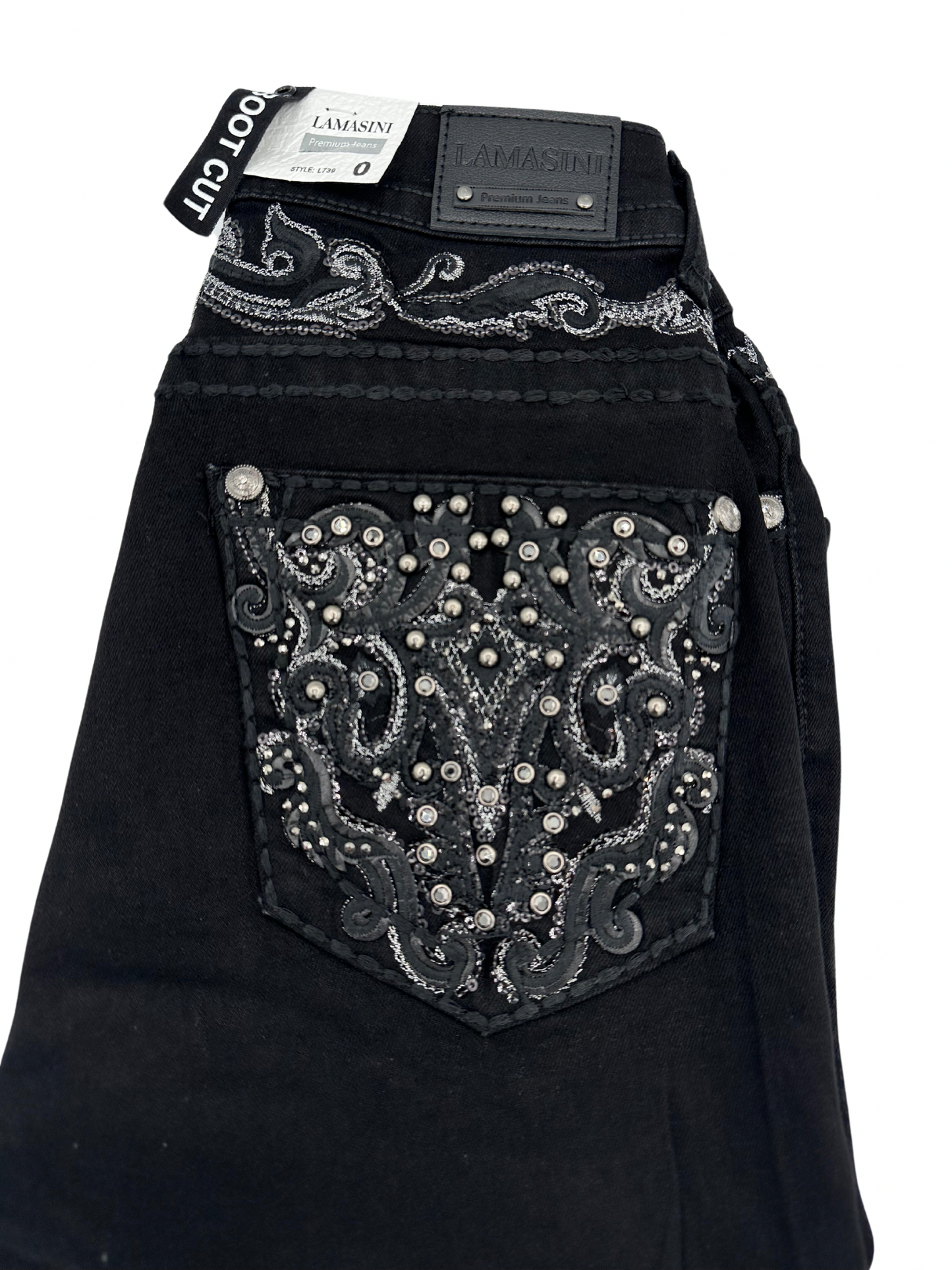 Lamasini Black Bling Studded Pocket Design Bootcut Jean