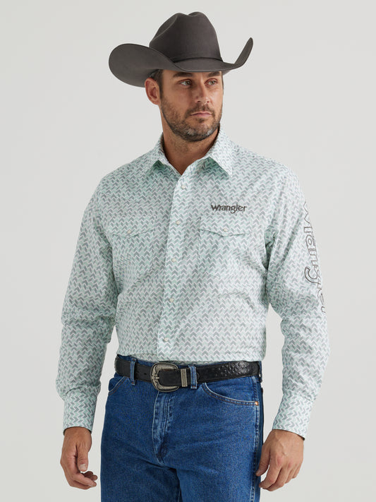 Wrangler Men's Logo Long Sleeve Western Snap Shirt Aqua Print