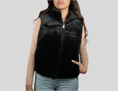 Blashe Reversable Fuzzy Zip Up Vest - Black