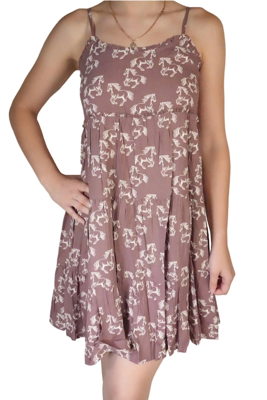 Rock & Roll Denim Girl's Horse Print Dress - Brown