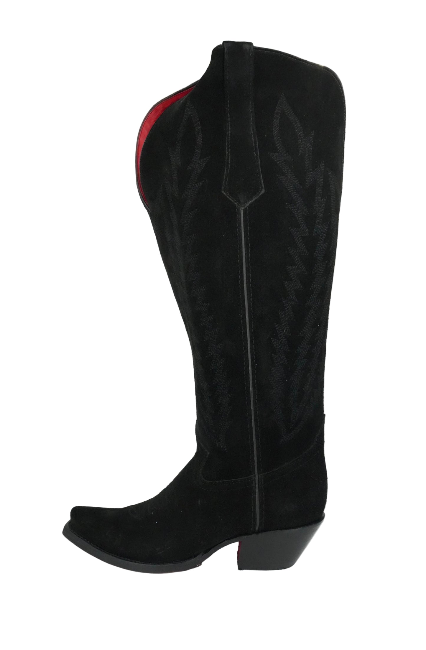 Rock'em Women's Gia Suede Tall Wide Calf Snip Toe Boot - Black Red Bottom