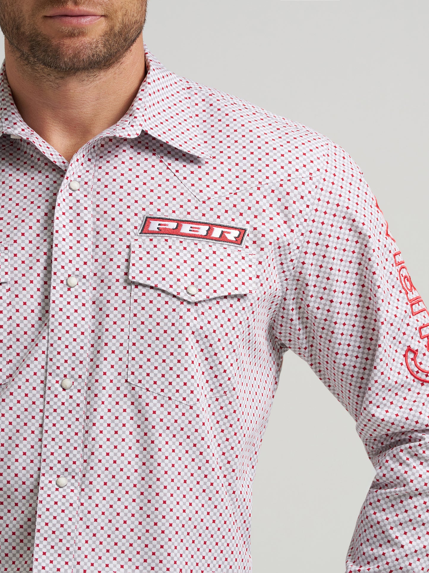 Wrangler Men's PBR Logo Long Sleeve Red Diamond Western Snap Shirt