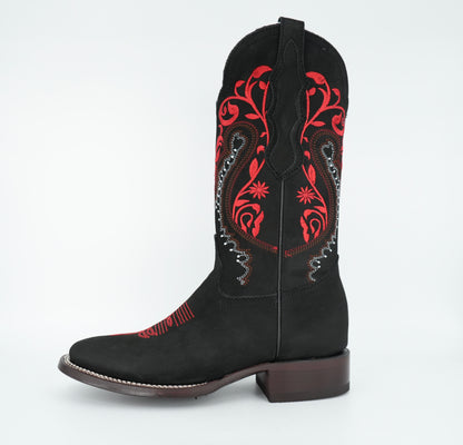 White Diamond Women's Nobuck Black Red Square Toe Boot