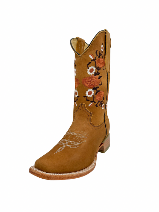 Stephy Women's Nobuck Honey Floral Square Toe Boot