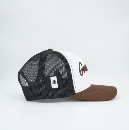 45 Cursive Trucker Cap- White/Chocolate
