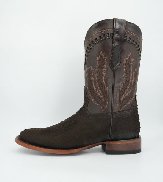 Hooch Men's Nobuck Chocolate Python Print Wide Square Toe Boot