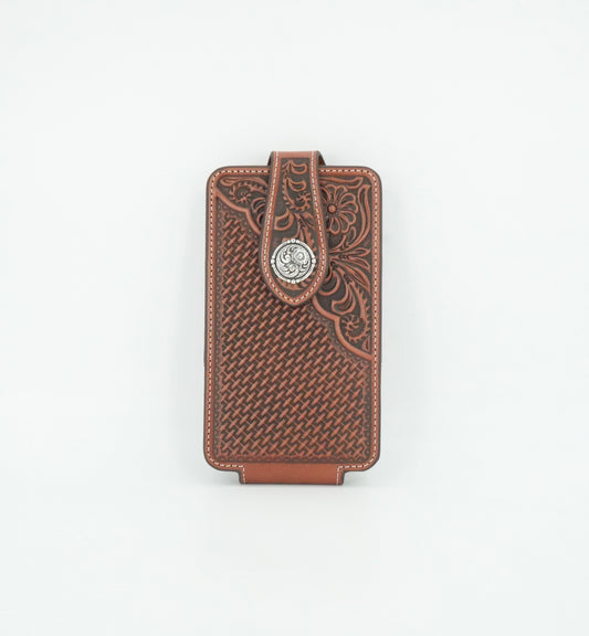 Funda para teléfono móvil grande de cuero marrón con bandera Ariat