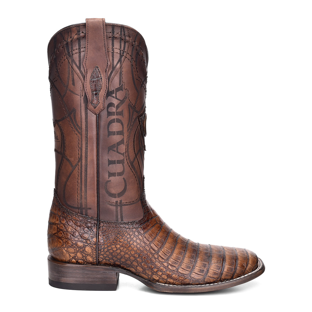 Cuadra Men's Engraved Maple Brown Genuine Caiman Leather Cowboy Boots