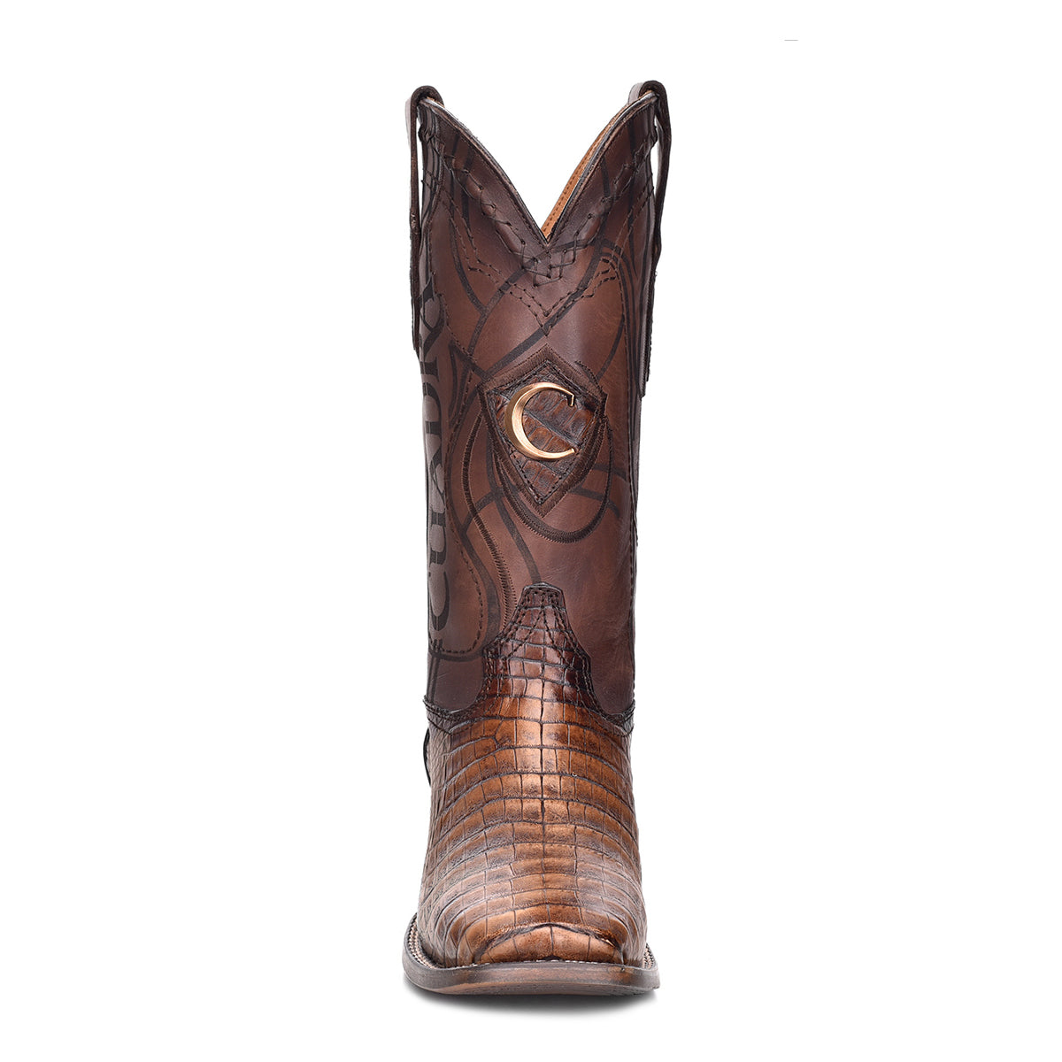 Cuadra Men's Engraved Maple Brown Genuine Caiman Leather Cowboy Boots