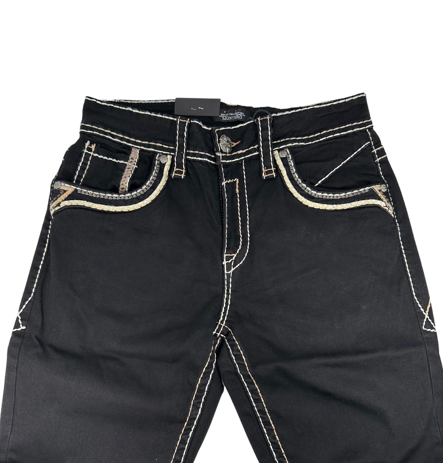 Montero Denim, T Pointed Stitched Pocket Black Modern Boot Jean
