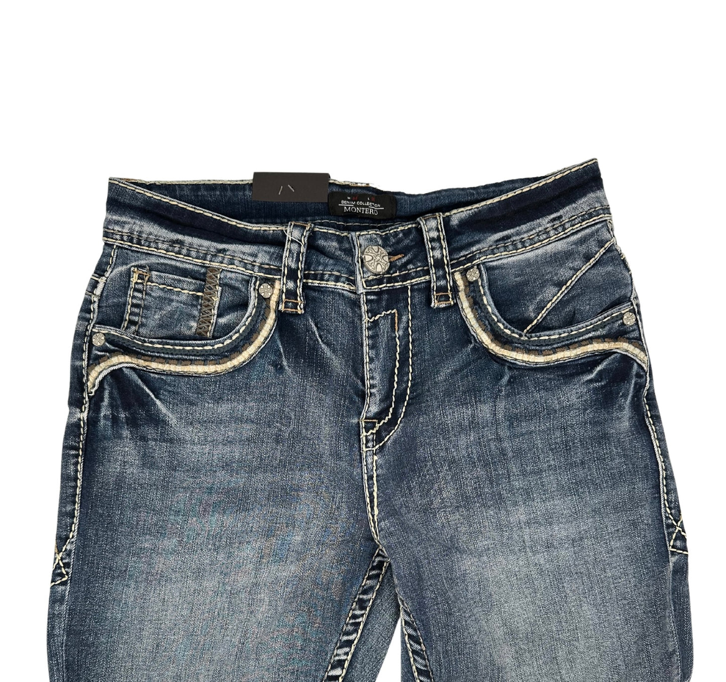 Montero Denim Tribal Stitched Pocket Medium Blue Modern Boot Jean
