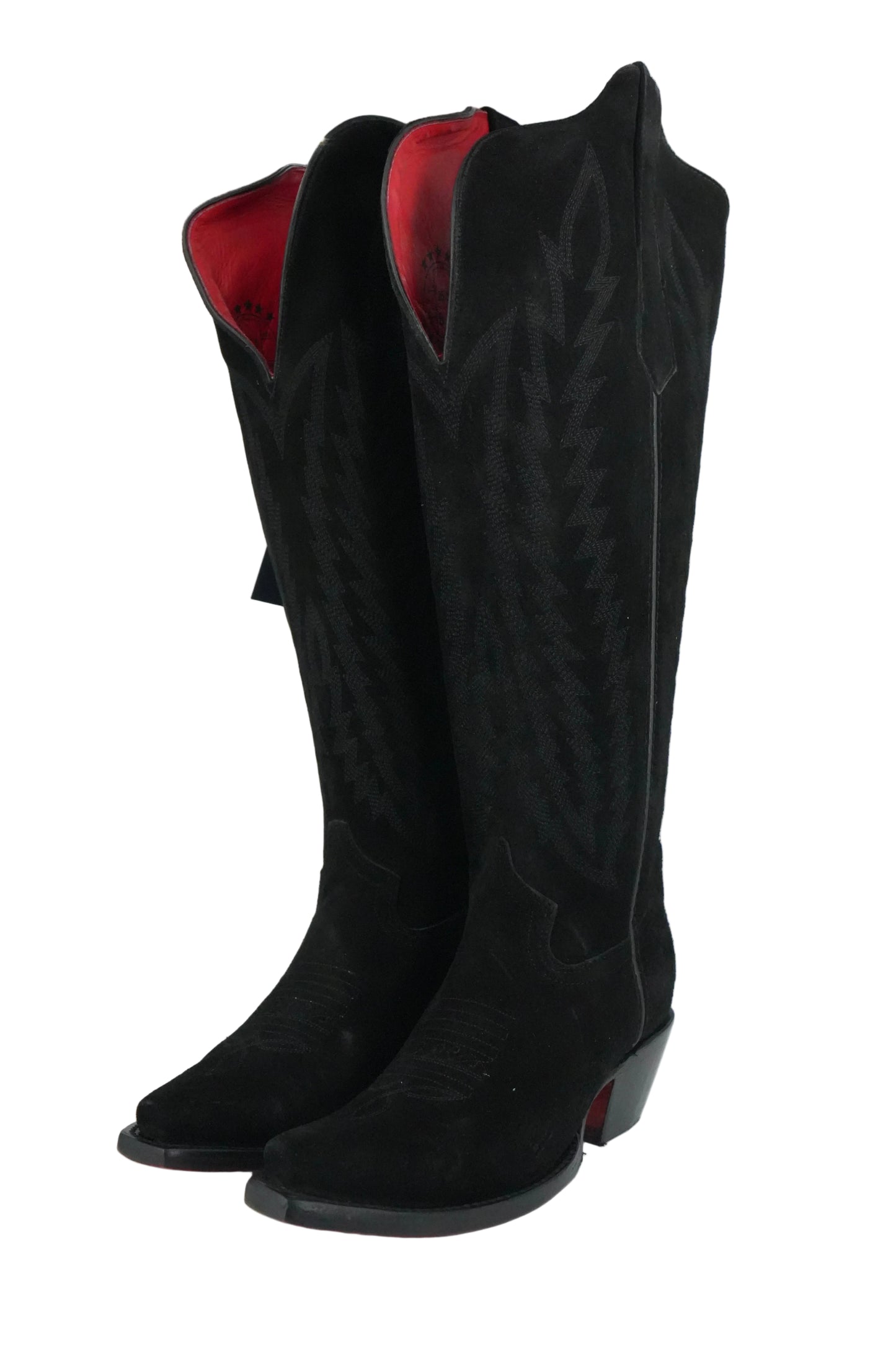 Rock'em Women's Gia Suede Tall Wide Calf Snip Toe Boot - Black Red Bottom