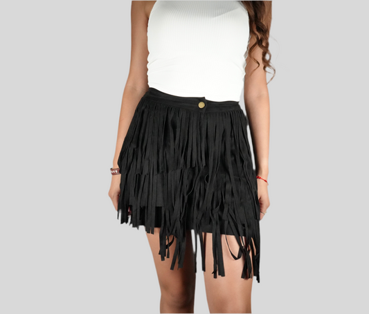 Blue B Women's Suede Fringe Skirt Black