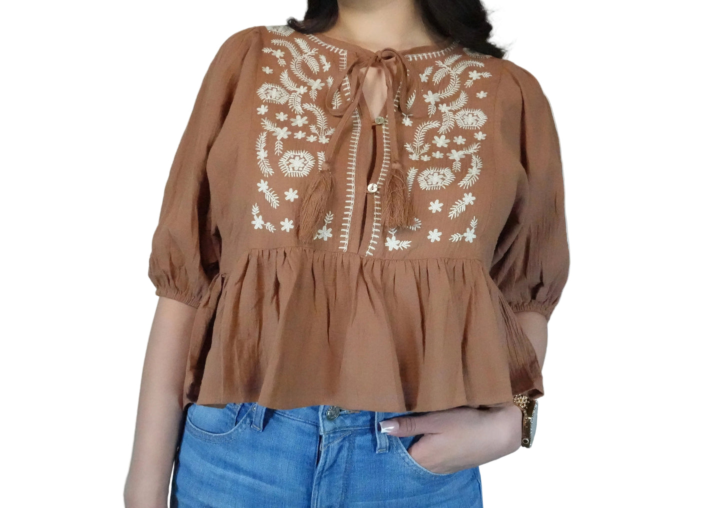 Blue B Women's Embroidered Peplum Blouse - Brown
