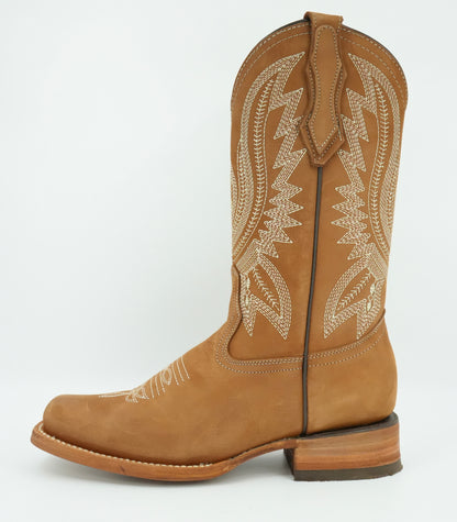 La Sierra Women's Camel Embroidered Feathers Square Toe Boot