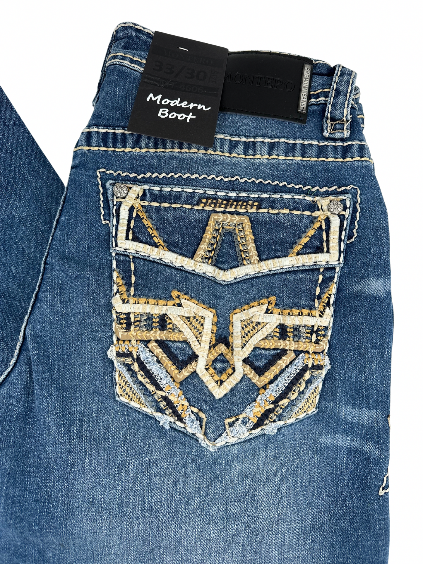 Montero Denim T Stitched Pocket Medium Blue Modern Boot Jean
