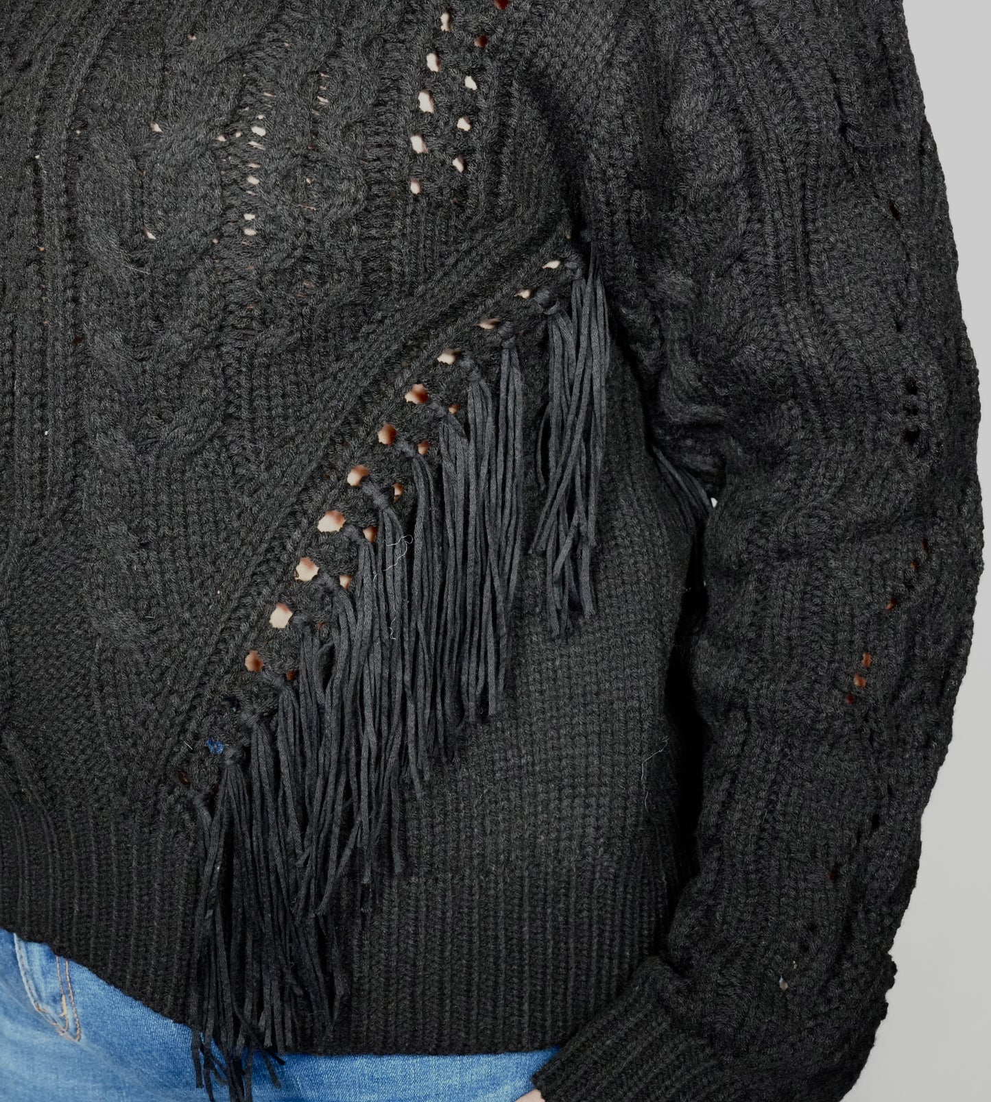 Blue B Women’s Mock Neck Fringe Sweater - Black