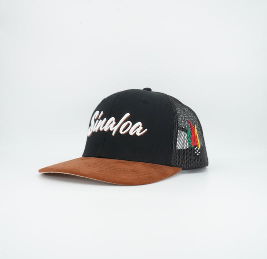 45 Sinaloa Cursive Trucker Cap Black Rust