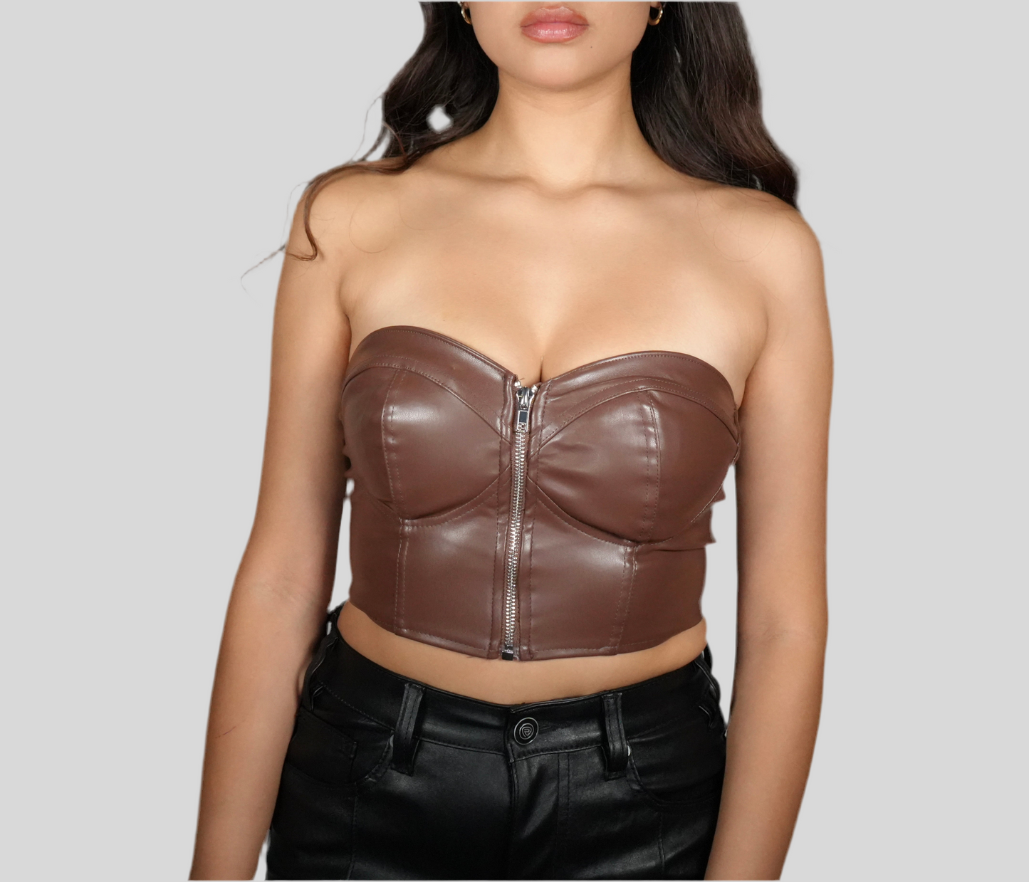 Blashe Women's Pleather Zipper Front Tube Top Brown