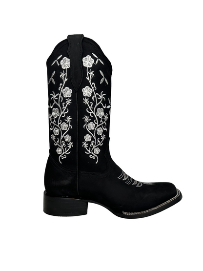 La Sierra Women's Black Floral Embroidered Square Toe Boot