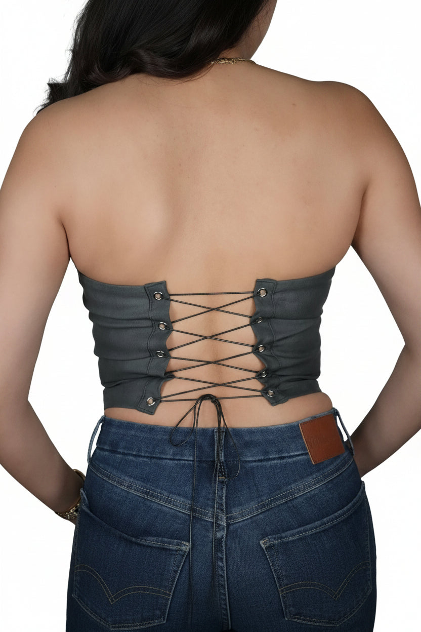 Women's Beckee PU Vegan Leather Western Corset Top - Charcoal