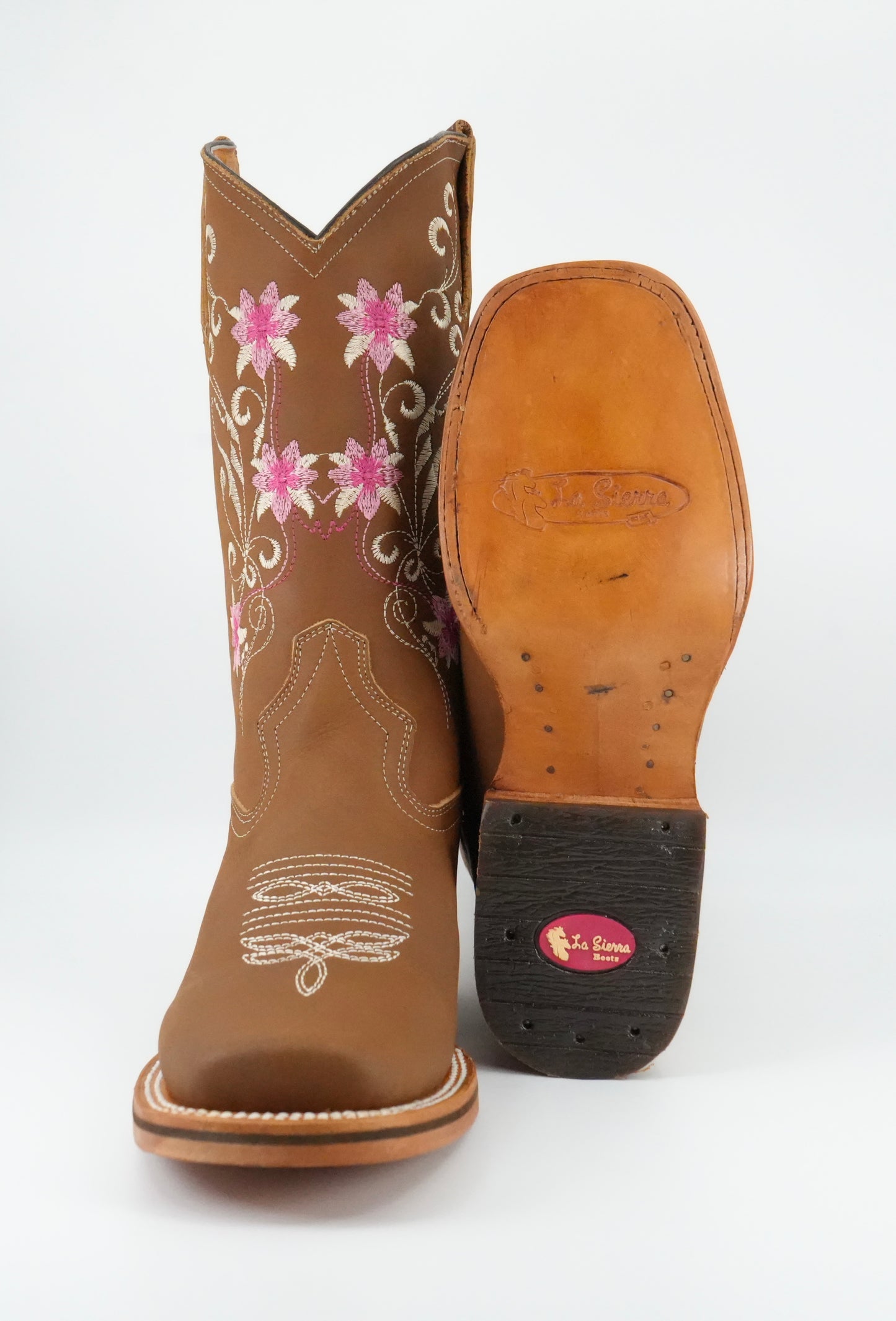 La Sierra Women's Leather Floral Pink Stitch Square Toe Boot - Tang